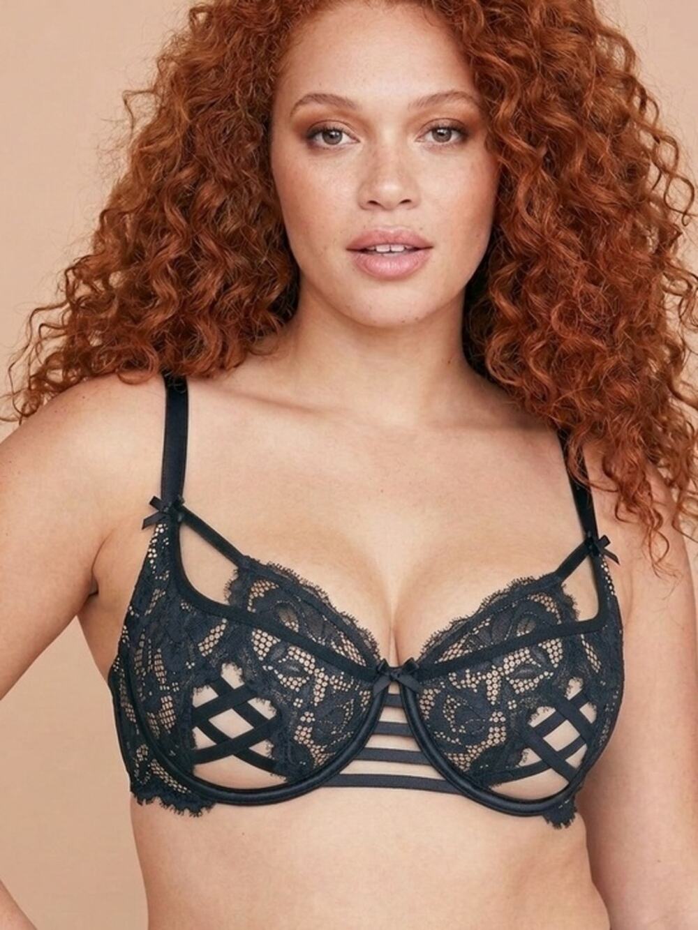 Cacique 38DD lightly lined French balconette bra. Black lace